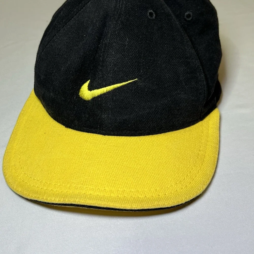 Vintage Nike Hat Yellow Black Center Swoosh Embroidery Made in USA Hook/Loop Str